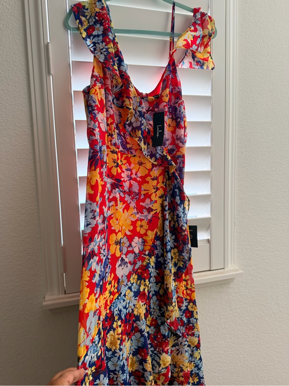 Lulu's Red Floral Wrap Dress with Yellow & Blue Blooms - Picture 5 of 8